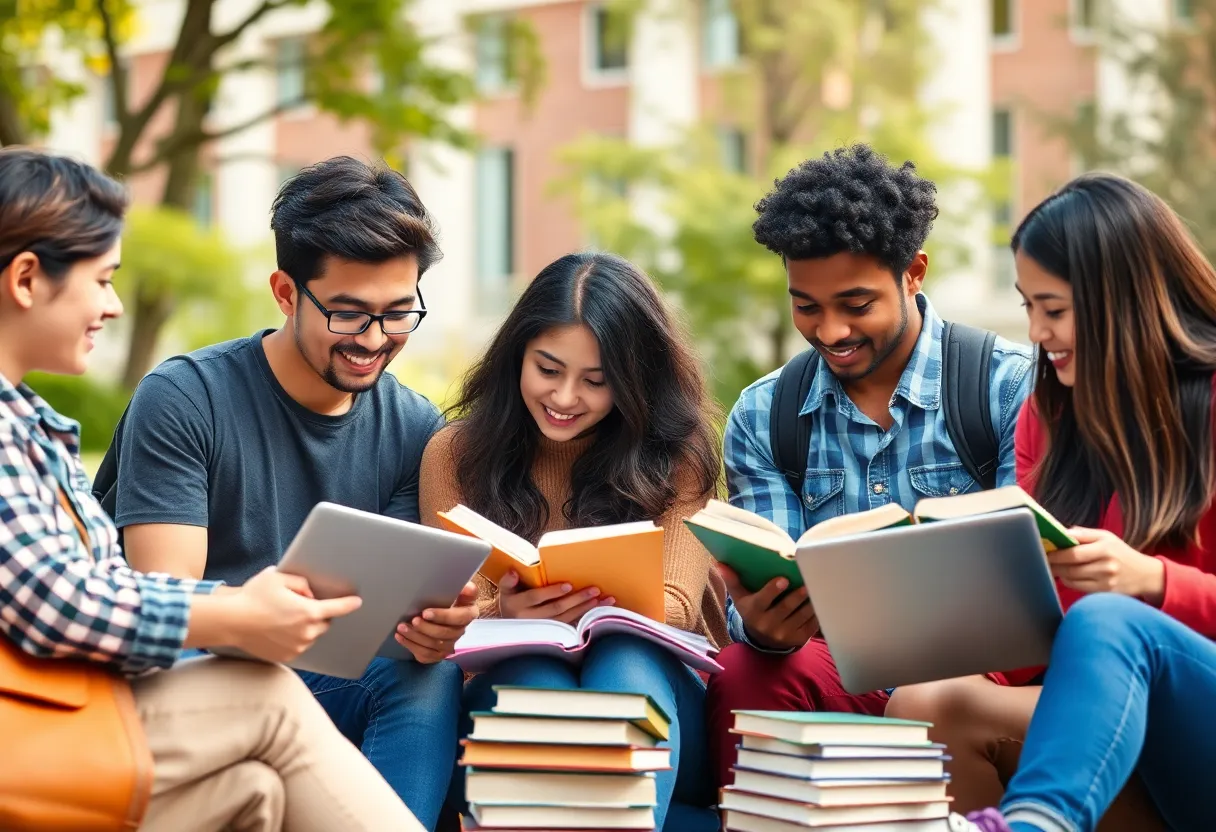 Diverse international students engaged in study at university