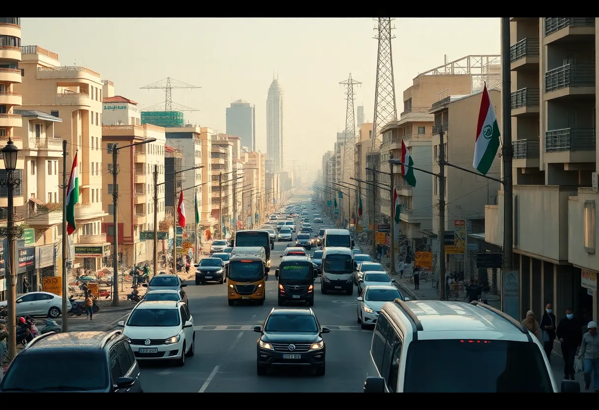 An urban scene in Iran during a power outage, emphasizing traffic chaos