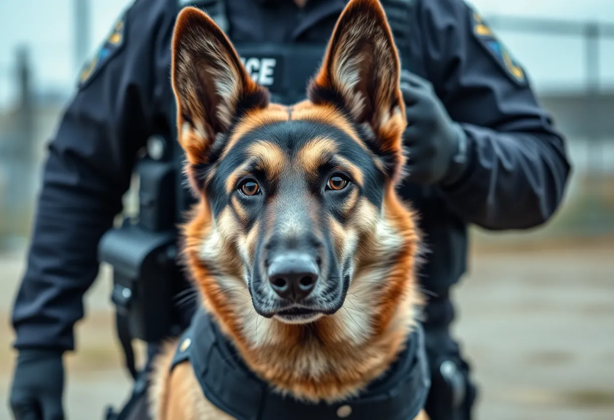 A police K9 in a protective vest ready for duty