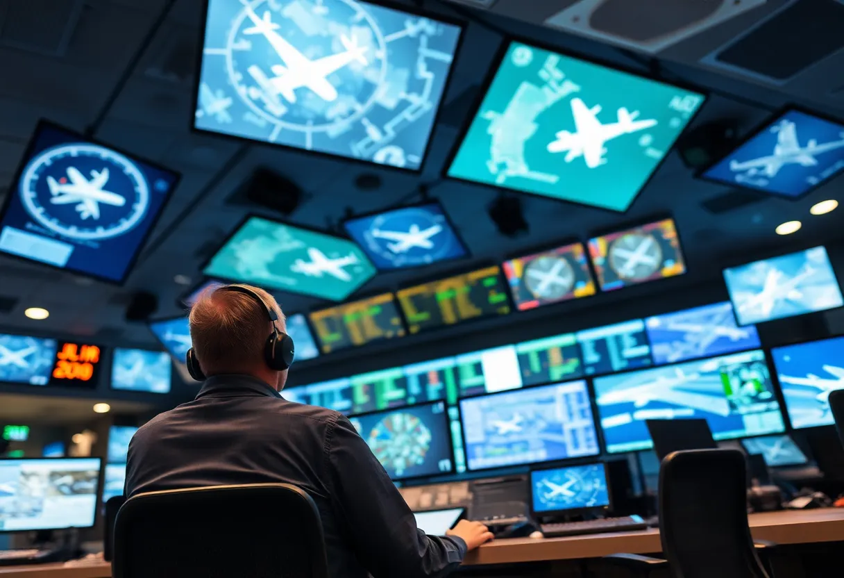 An advanced air traffic control center with technology and controllers