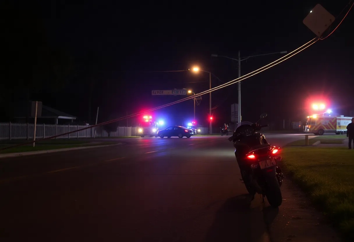 Scene of a motorcycle accident with a fallen utility wire