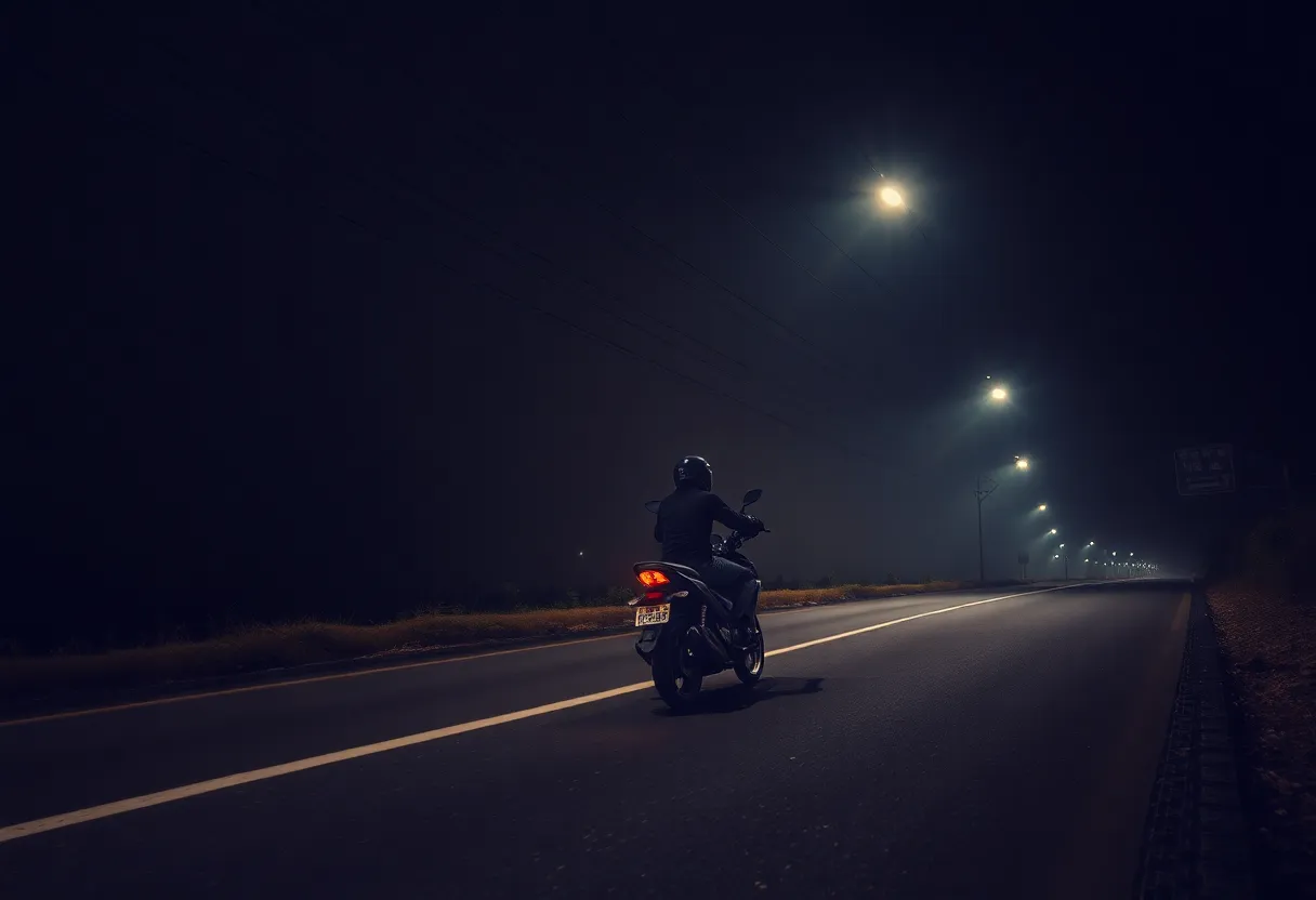 Motorcycle on a dark road with power lines overhead