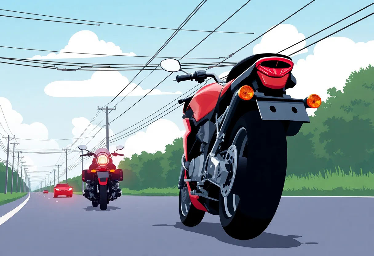 A motorcycle accident scene depicting low-hanging power lines as a potential hazard.