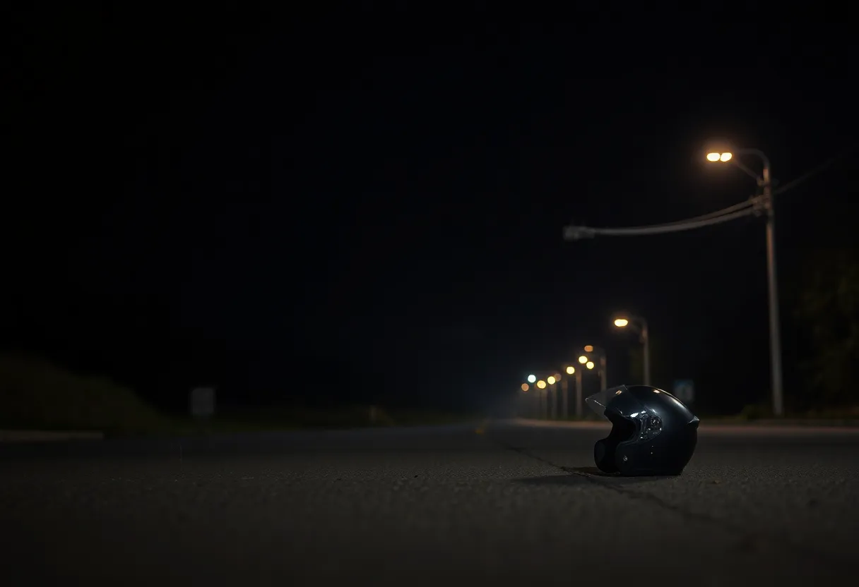 Scene depicting a motorcycle crash with a downed power line on a dark road