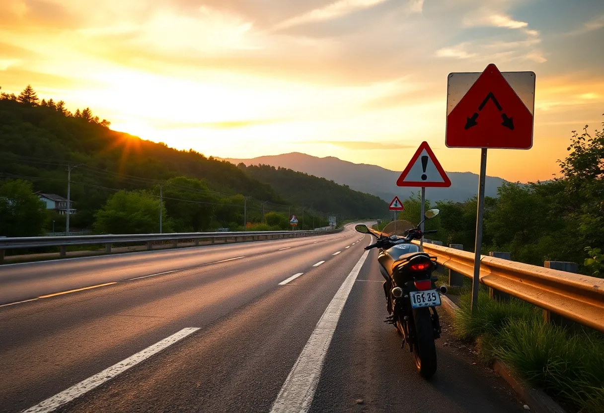 Motorcycle on a scenic road with safety signs