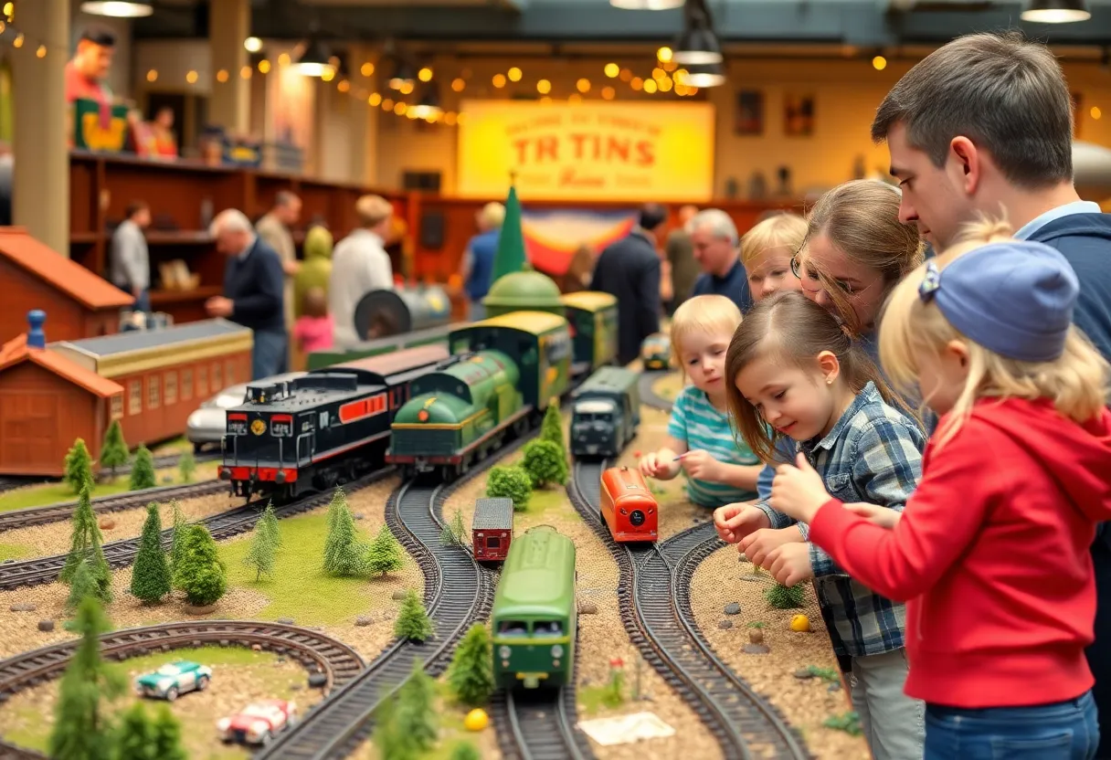 Families enjoying National Train Day at Aiken Train Museum with model railroads.