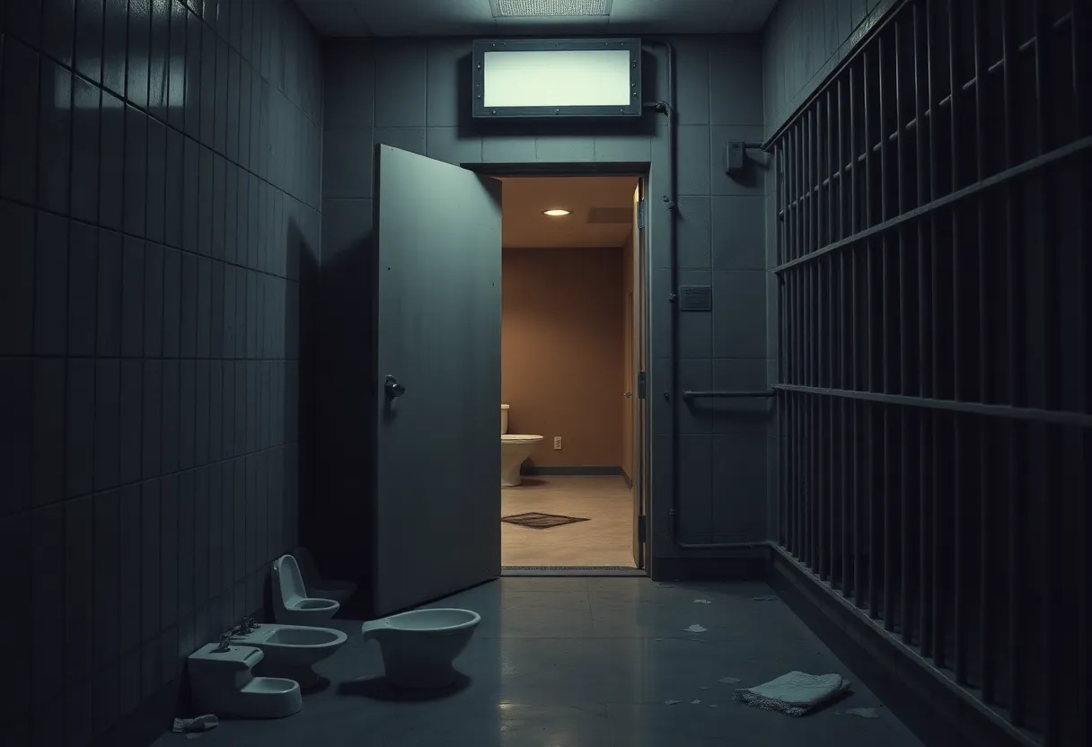 Dramatic scene of a jail escape showing an ajar loading door and an empty cell.