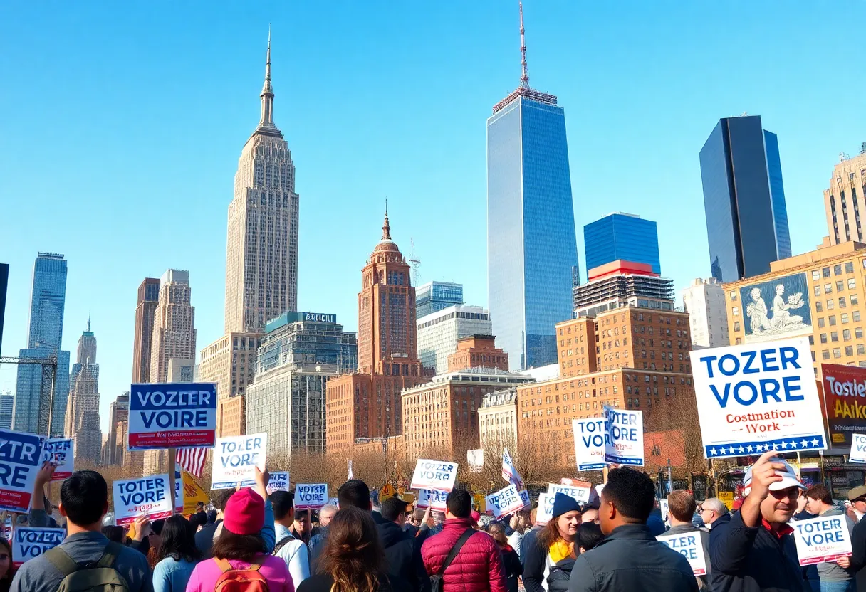 Campaign signs in NYC with a diverse group of voters during election season.