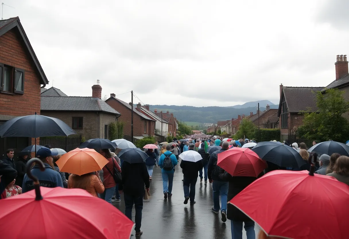 People preparing for a parade in Aiken under rainy conditions.