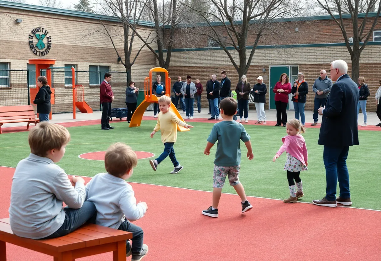 Playground scene at Redcliffe Elementary with parents discussing concerns.