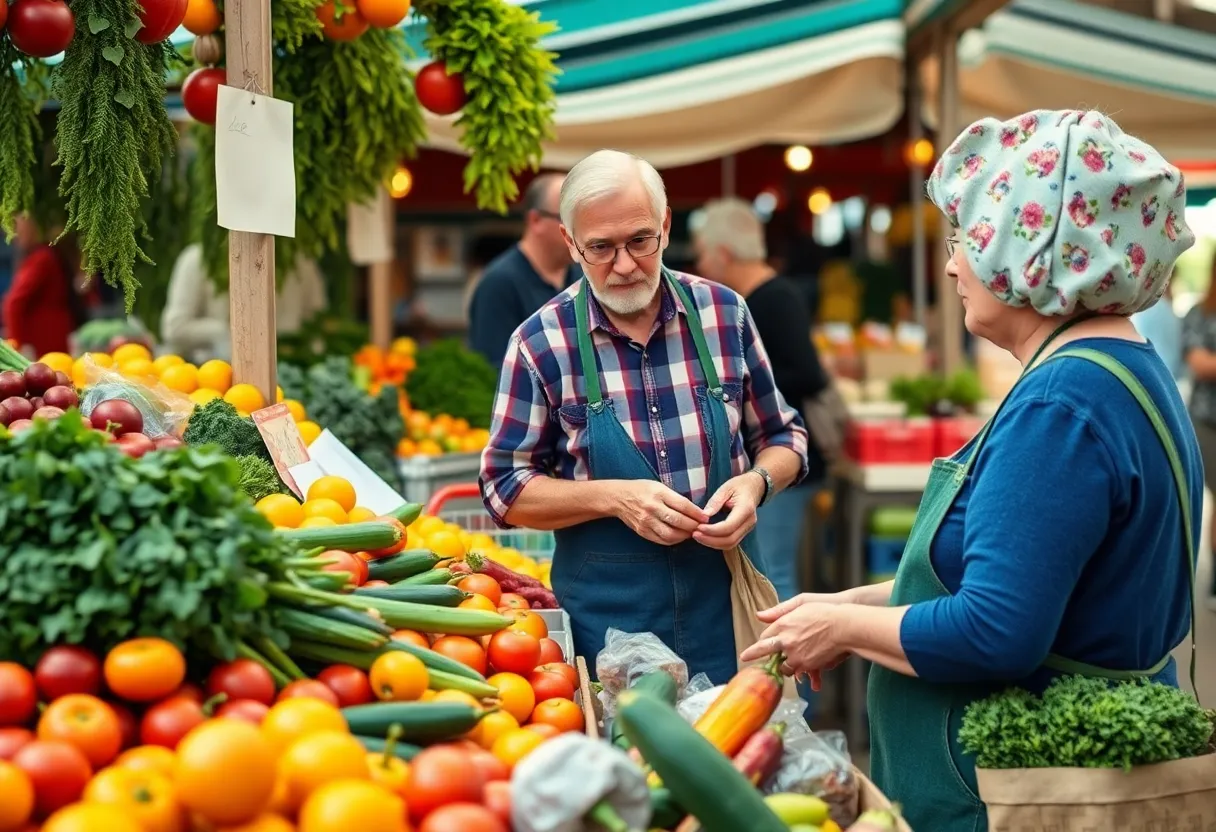 Seniors at a farmers' market selecting fresh produce