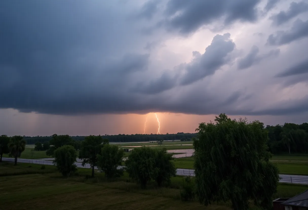 A stormy sky with heavy rain and visible flooding in the Southeastern region.
