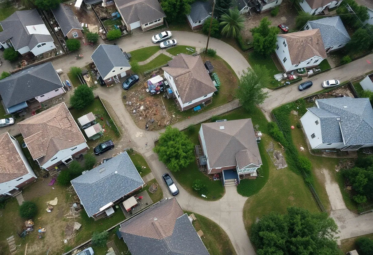 Community members assisting in storm recovery efforts in St. Louis with damaged buildings in the background.