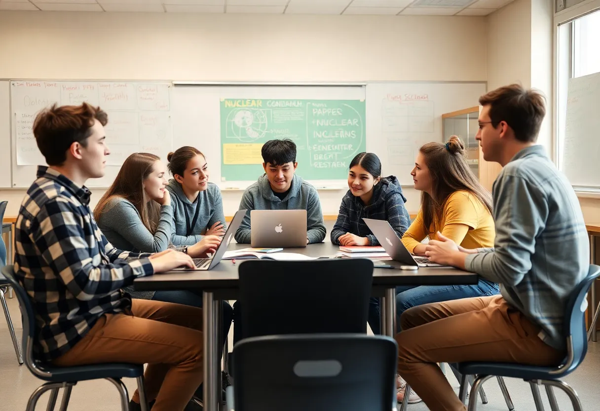 Students discussing nuclear technology in a classroom