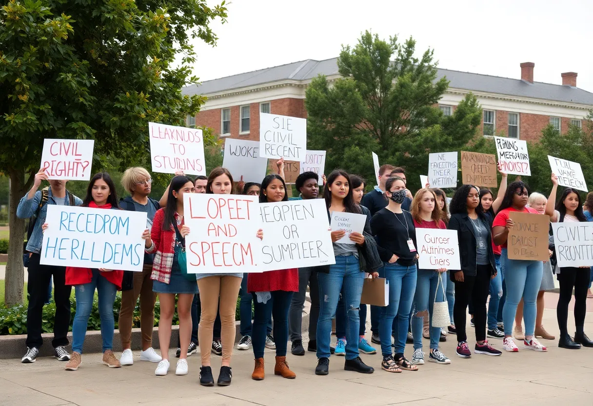 Students protesting for civil rights and freedom of speech on campus.