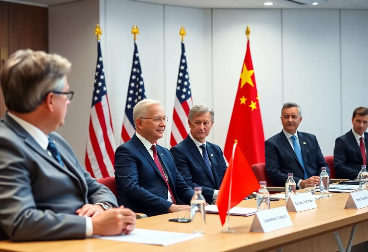 Trade officials meeting in Switzerland with US and China flags.