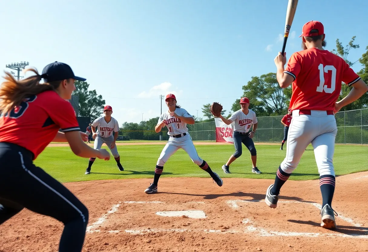 Players from USC Aiken softball team playing a game on the field.