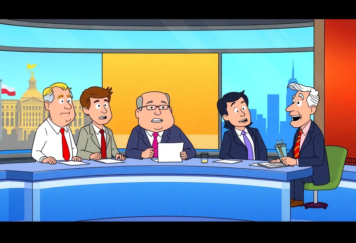 Cartoon representation of a comedic news segment about a political figure
