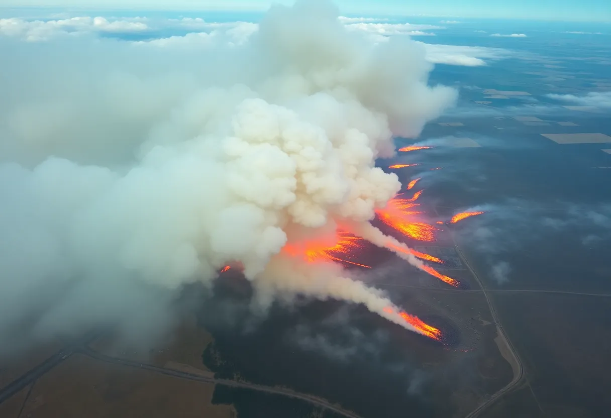 Aerial view of wildfires burning across prairie provinces in Canada.