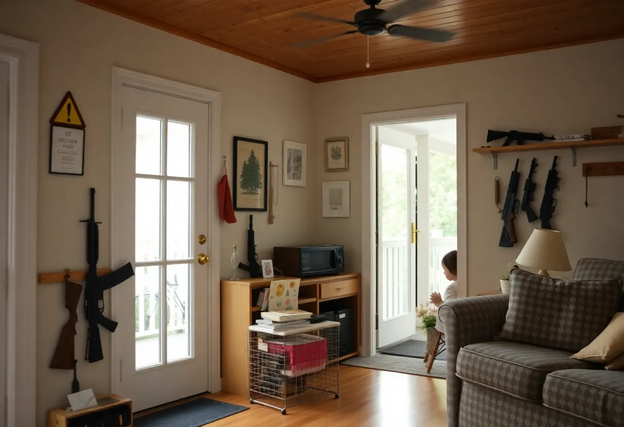 Interior of a family home emphasizing firearm safety awareness