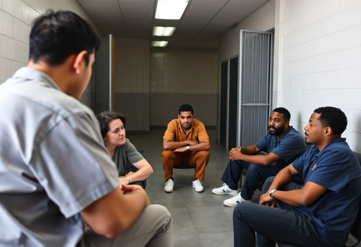 Inmates participating in addiction recovery support session at Aiken County Detention Center
