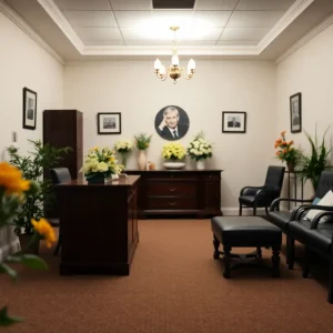 Interior of a coroner's office with legal documents and respectful decor.
