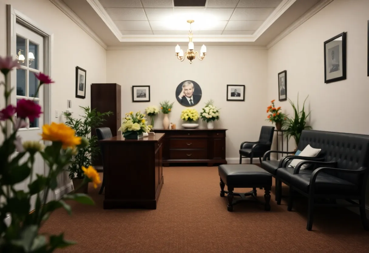 Interior of a coroner's office with flowers and soft lighting