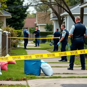 Police officers conducting a drug bust in Aiken County with evidence bags in view.