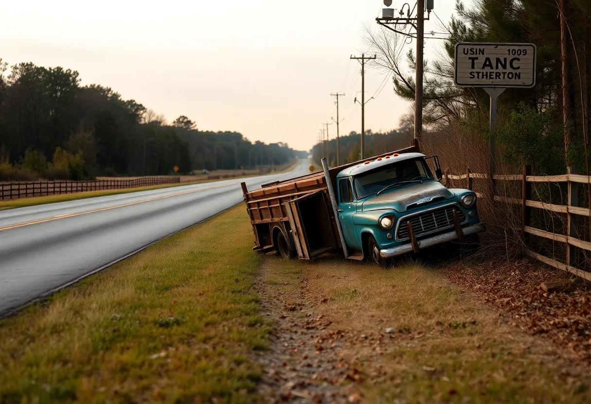 Scene of a single-vehicle accident on a rural road in Aiken County