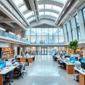 Rendering of Aiken's new innovation hub showcasing advanced technology and collaboration spaces.