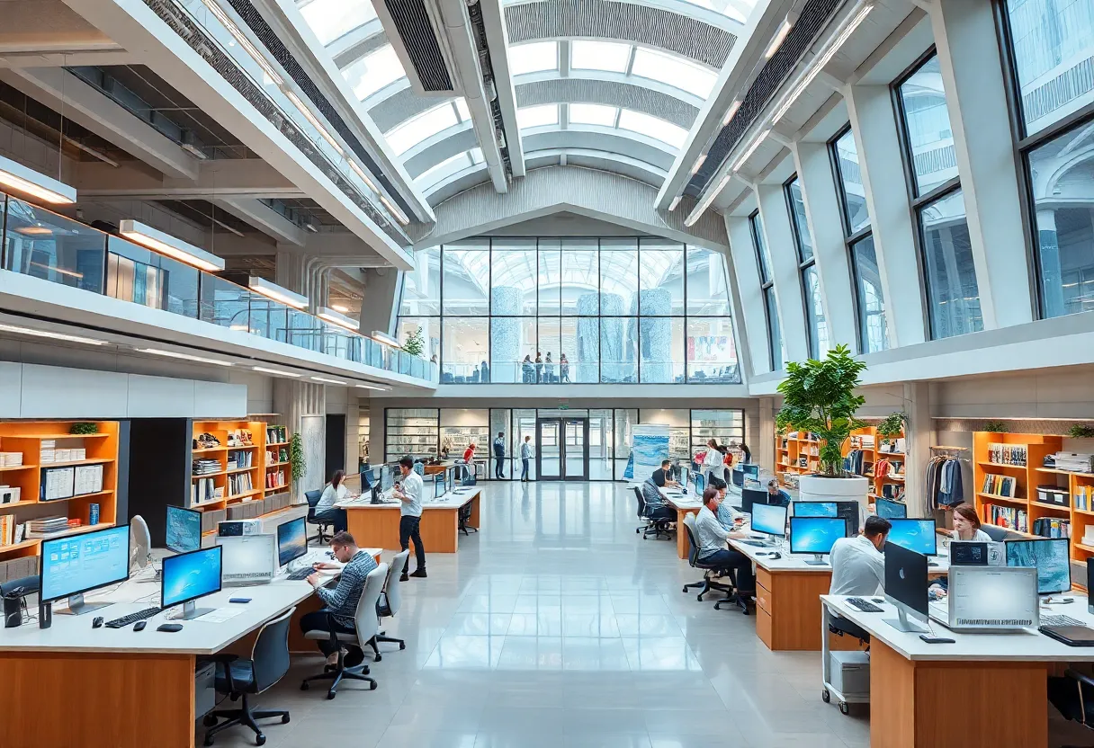 Rendering of Aiken's new innovation hub showcasing advanced technology and collaboration spaces.