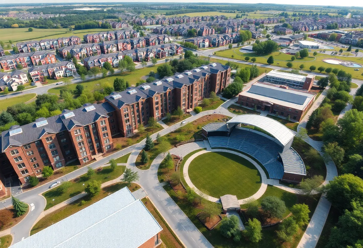 Aerial view of Aiken Towne Park under development, featuring apartments and green spaces.