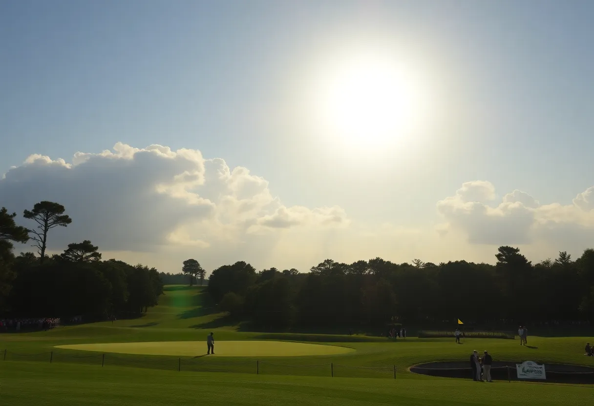 Augusta National Golf Course during the Masters Tournament with sunny skies and clouds.