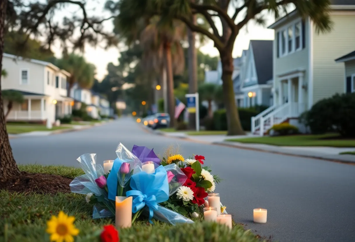 A neighborhood setting in Beech Island with memorial tributes of flowers and candles.