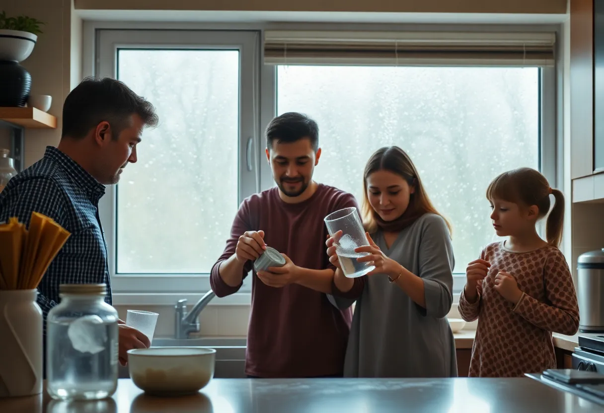 Family boiling water in a kitchen during a boil water advisory