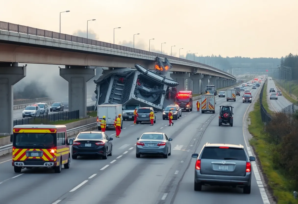 View of the collapsed bridge on Interstate 20 with emergency response teams in action.