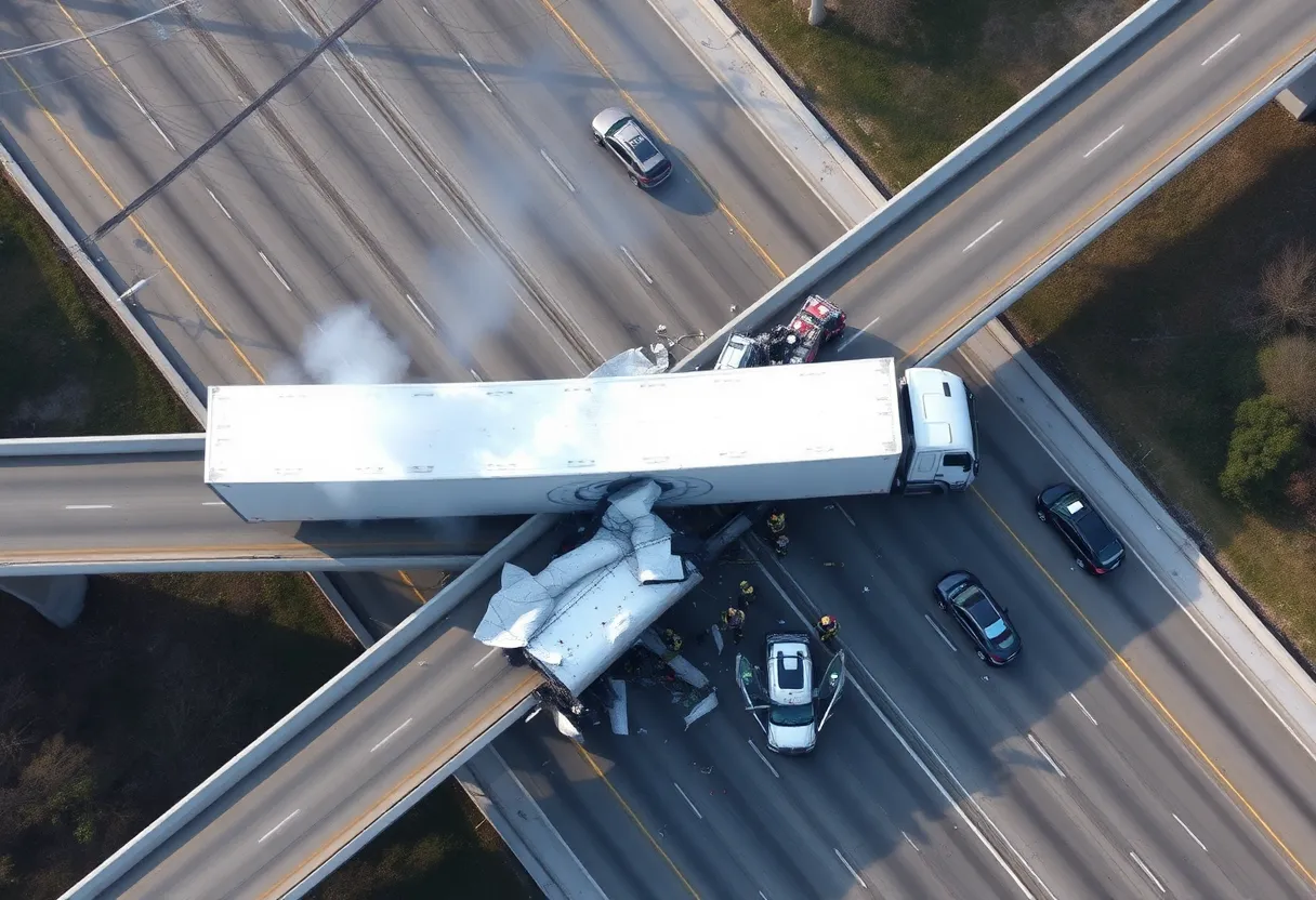 A collapsed overpass onto Interstate 20 in Aiken, South Carolina, after a tractor-trailer accident.