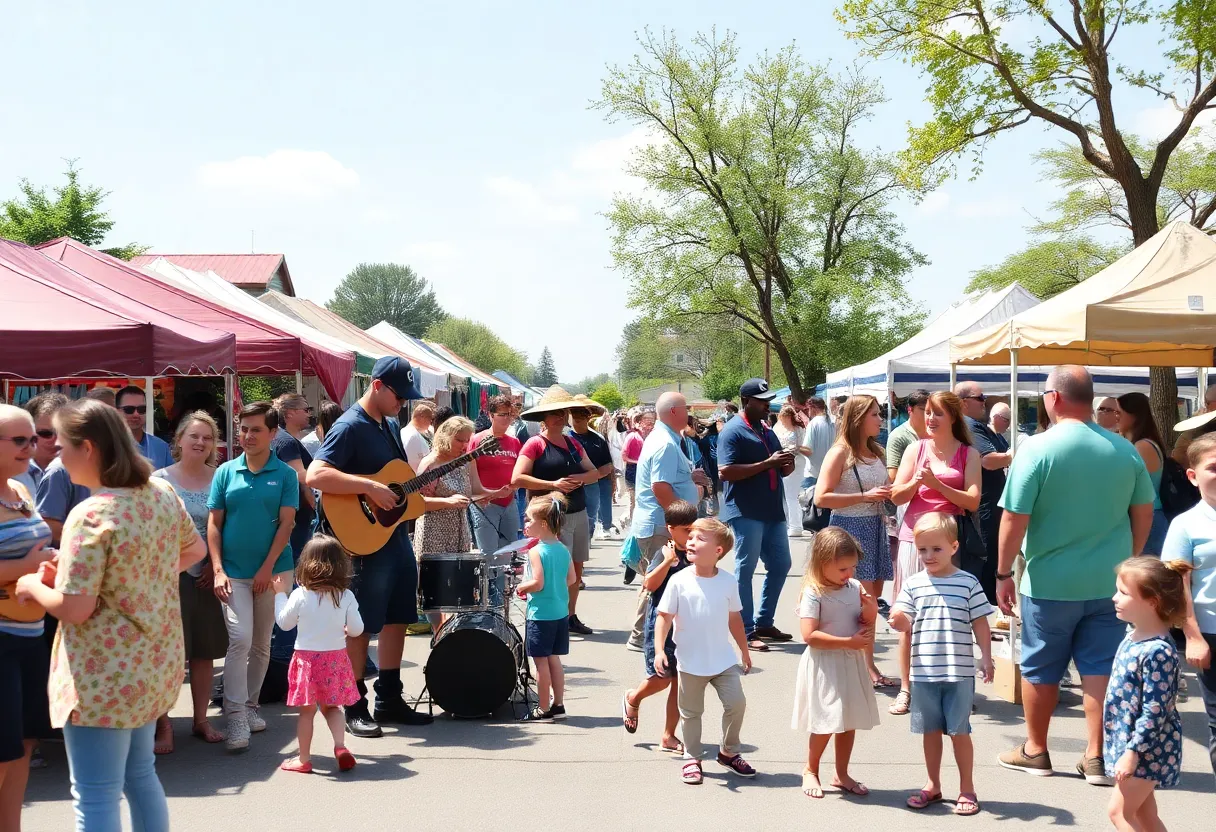 A lively community event in Augusta with families and musicians participating.