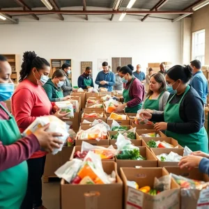 Volunteers at Golden Harvest Food Bank packing food for families