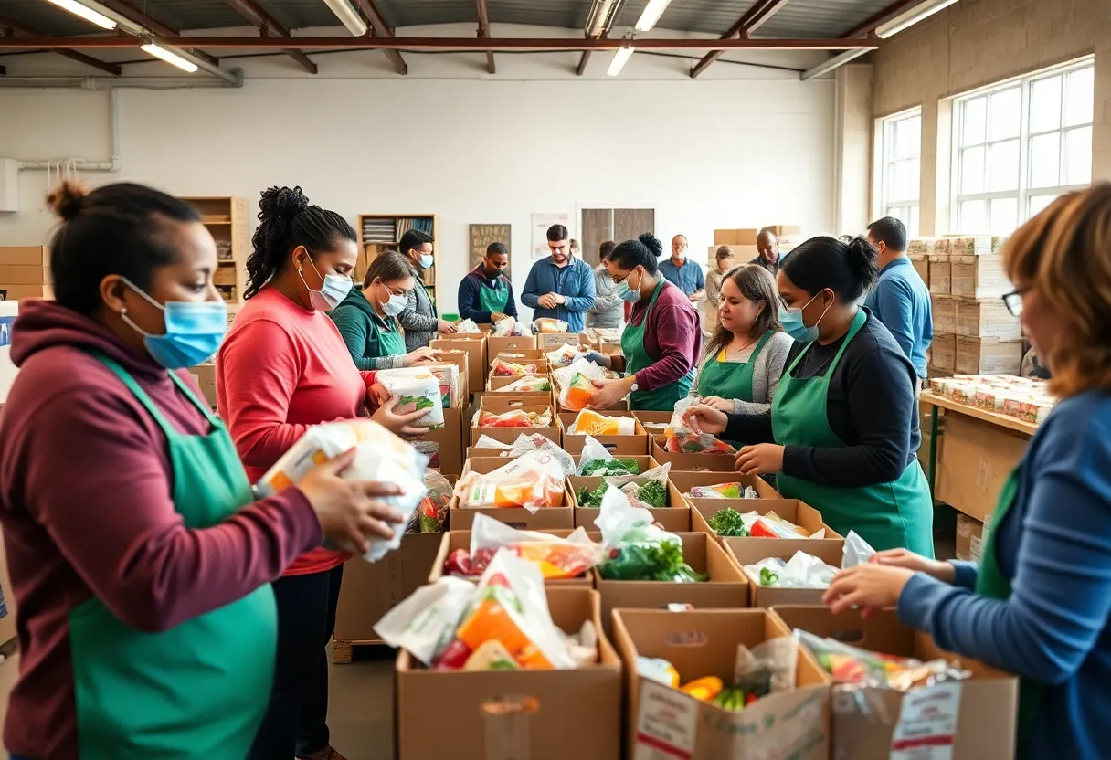 Volunteers at Golden Harvest Food Bank packing food for families