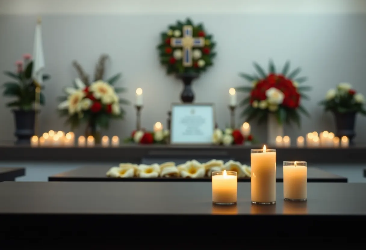 Memorial setup with candles and flowers for remembrance
