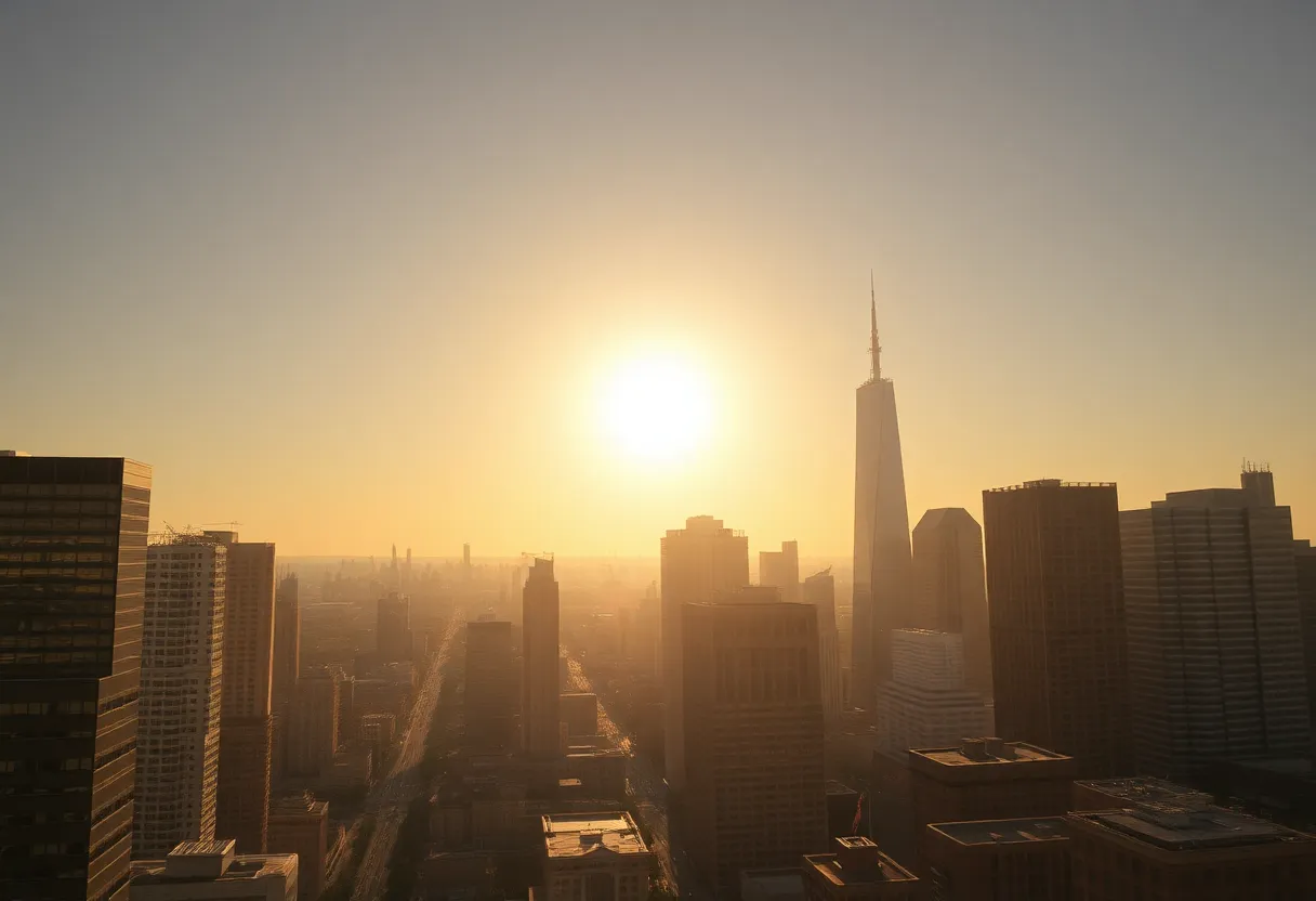 A city under the scorching sun representing a dangerous heat wave.