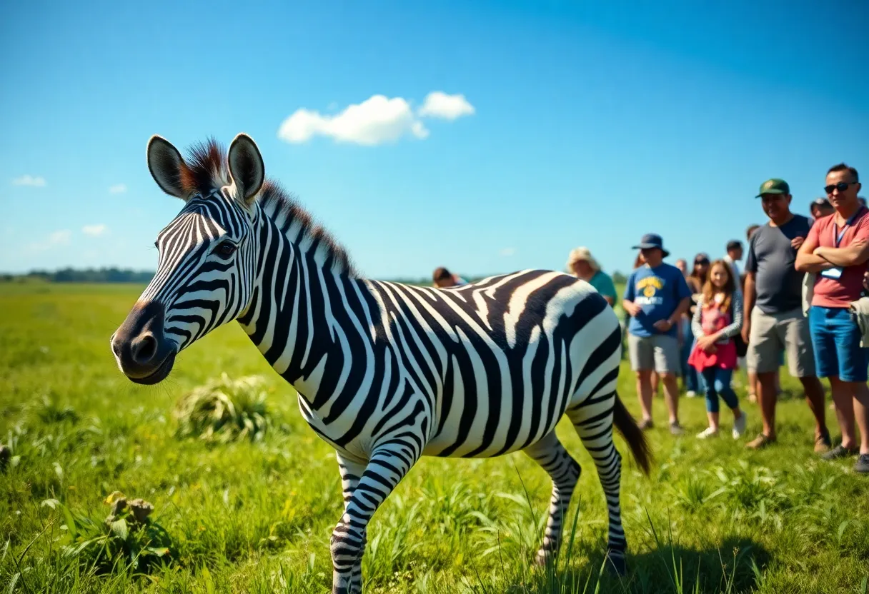 Zebra being safely captured in a pasture