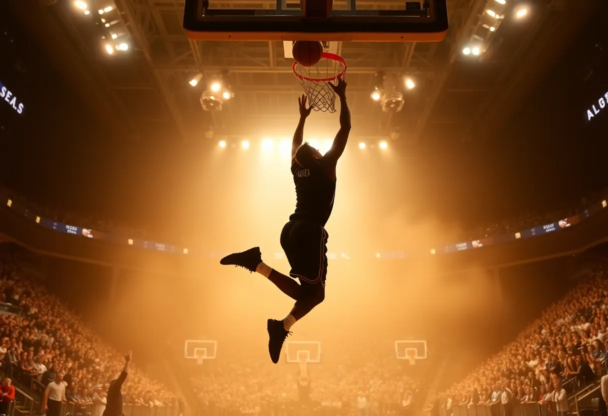 Silhouette of a basketball player dunking in a crowded stadium
