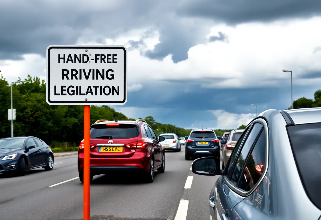 Cars on a road with Hands-Free Driving Law sign and stormy weather.