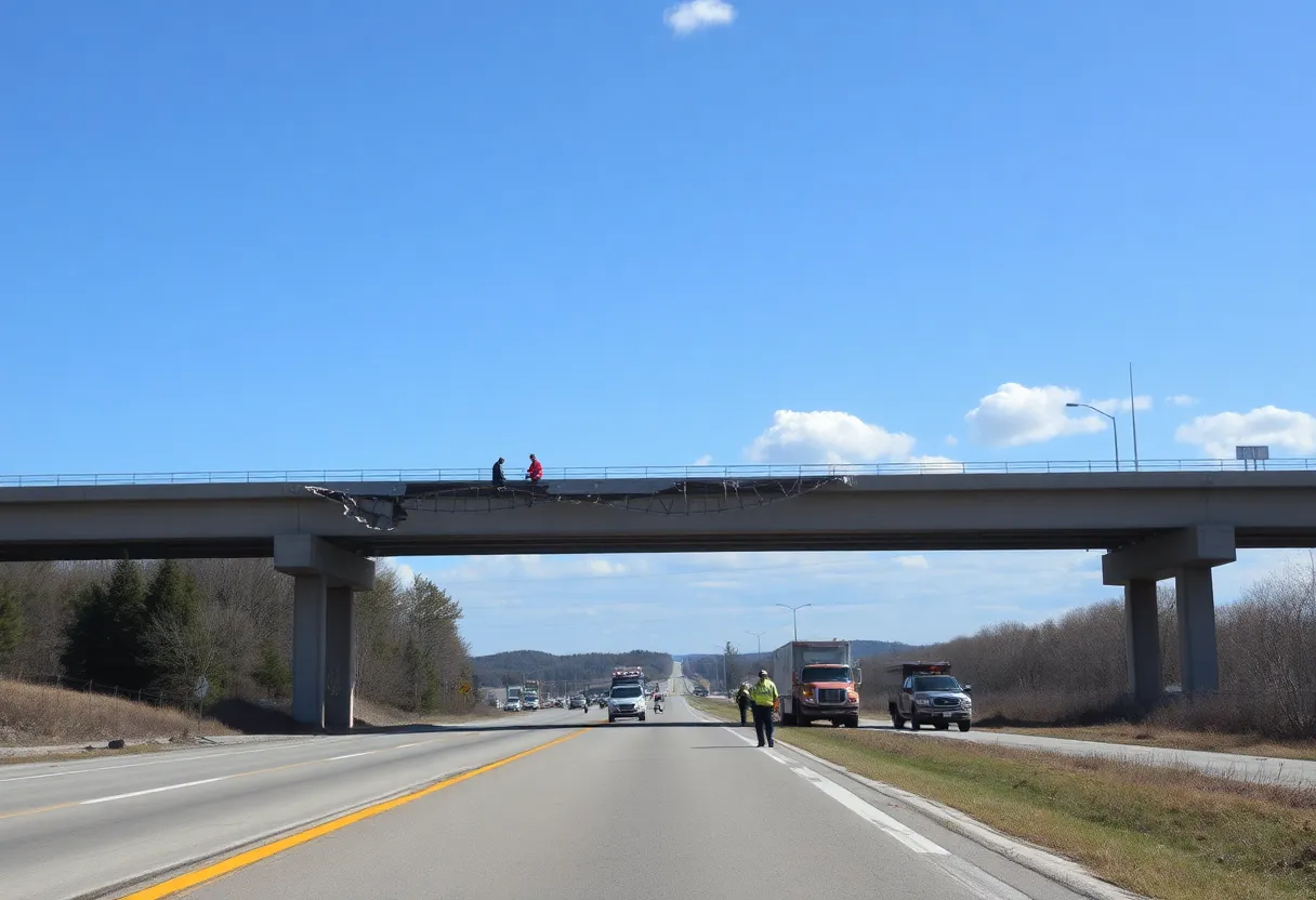 Emergency crews working on the site of the I-20 overpass collapse