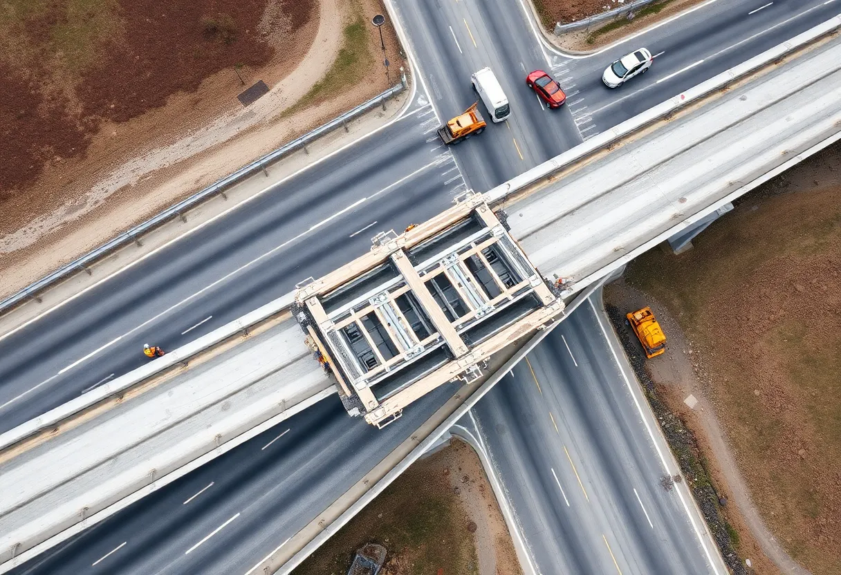 Workers reconstructing the I-20 overpass bridge in Aiken County, South Carolina.