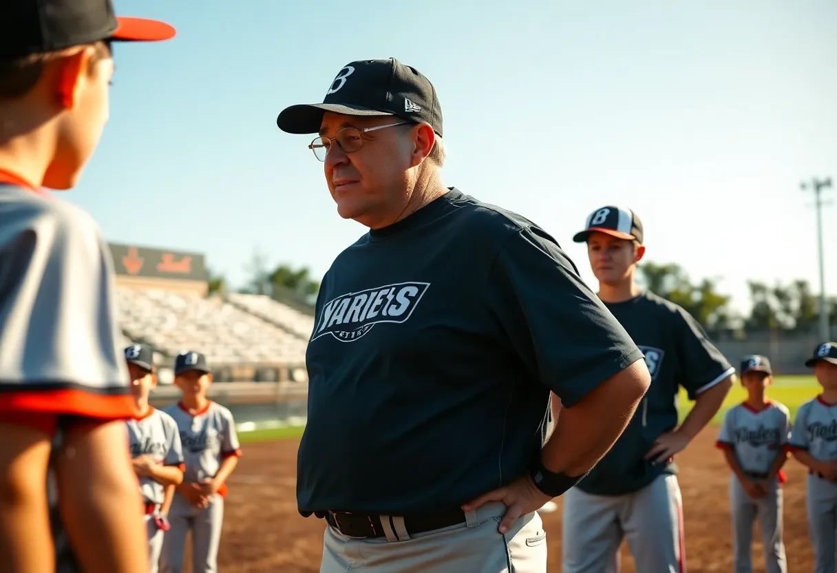 Baseball coach speaking to young athletes with a baseball field in the background