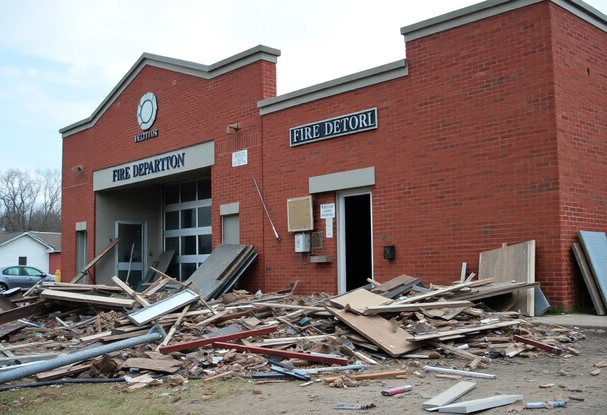 Damaged fire department building in Langley, SC after a tornado