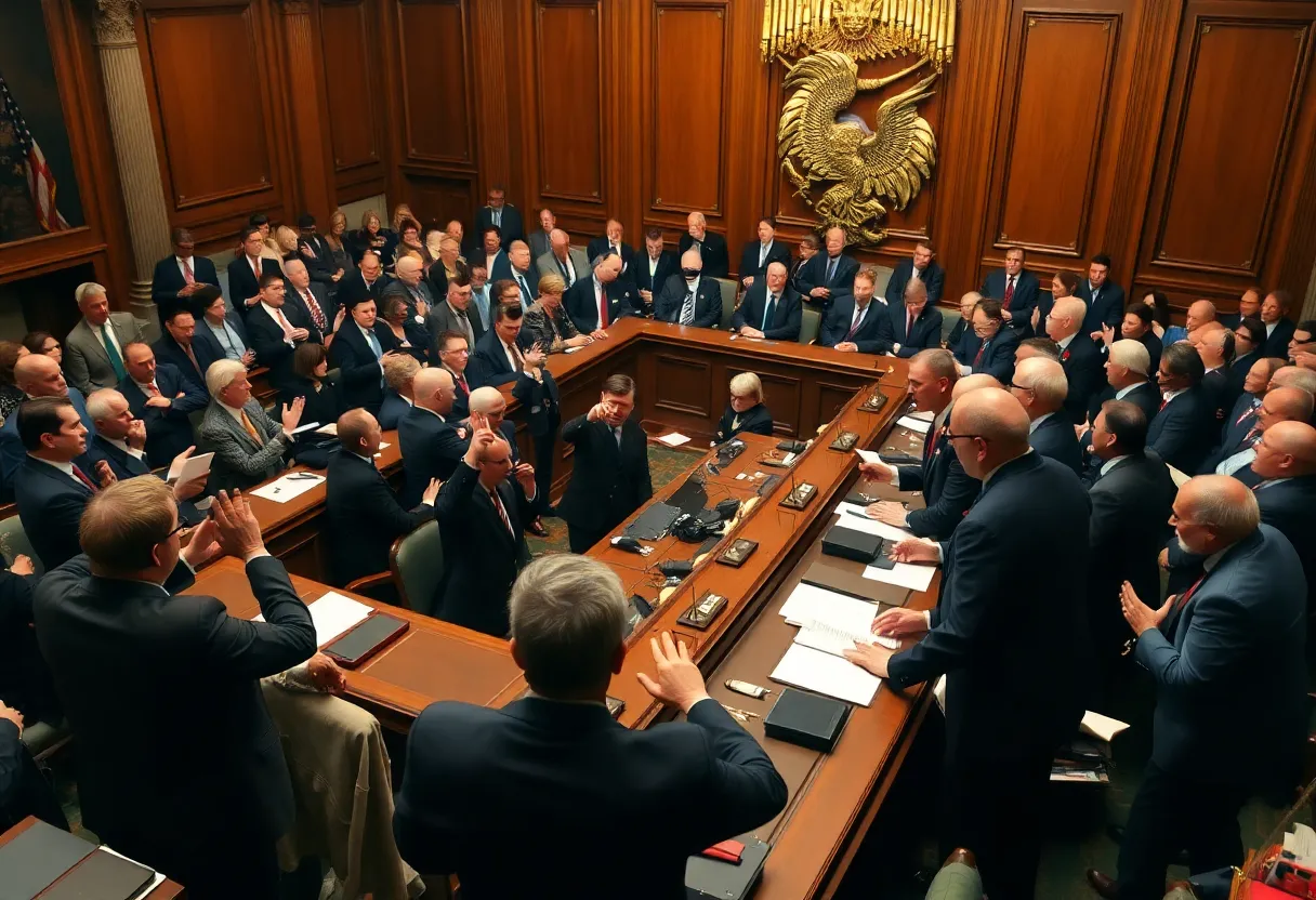 Lawmakers debating in a government chamber